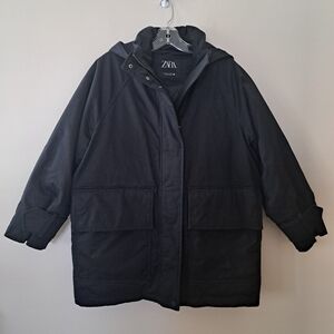 Zara Women's Bi-material Black Hooded Jacket